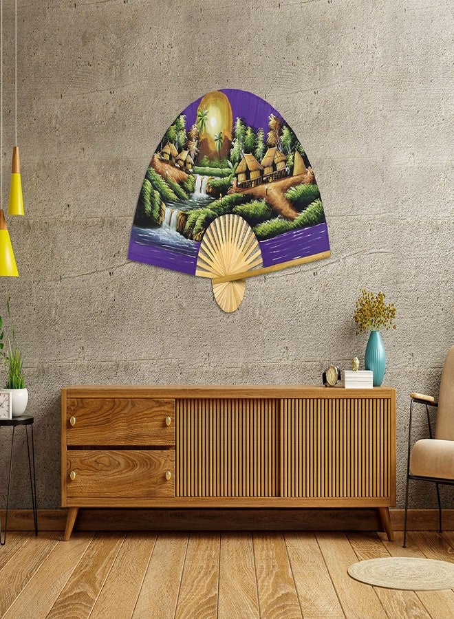 Oriental-Decor مروحة جدارية قابلة للطي بتصميم منظر طبيعي لقرية، مرسومة يدويًا كديكور جداري (عرض 40 بوصة، قمر أرجواني) - Image 3